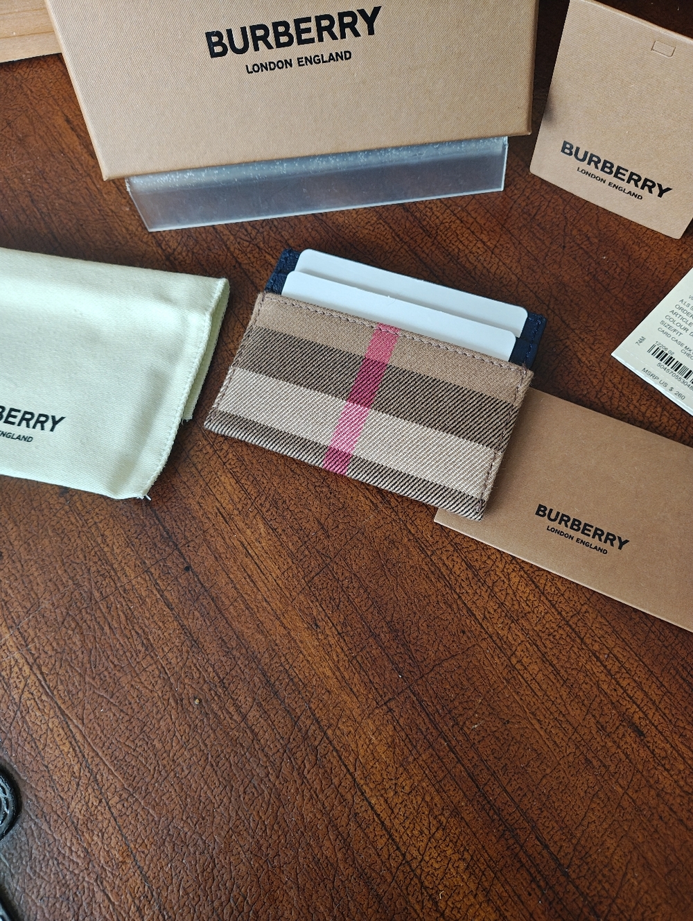 Burberry Tan Check Card Holder with Red Accent Stripe - Picture 2 of 10
